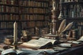 A desk adorned with books, a lit candle, and a feather quill creates a scholarly and nostalgic setting, An aesthetic of wizard